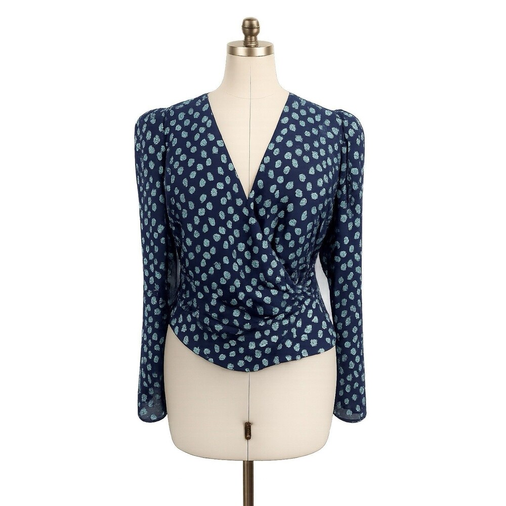 Tanya Taylor Silk Lurex Shimmer Wrap Blouse Blue Puff Sleeve Sheer Top 12
